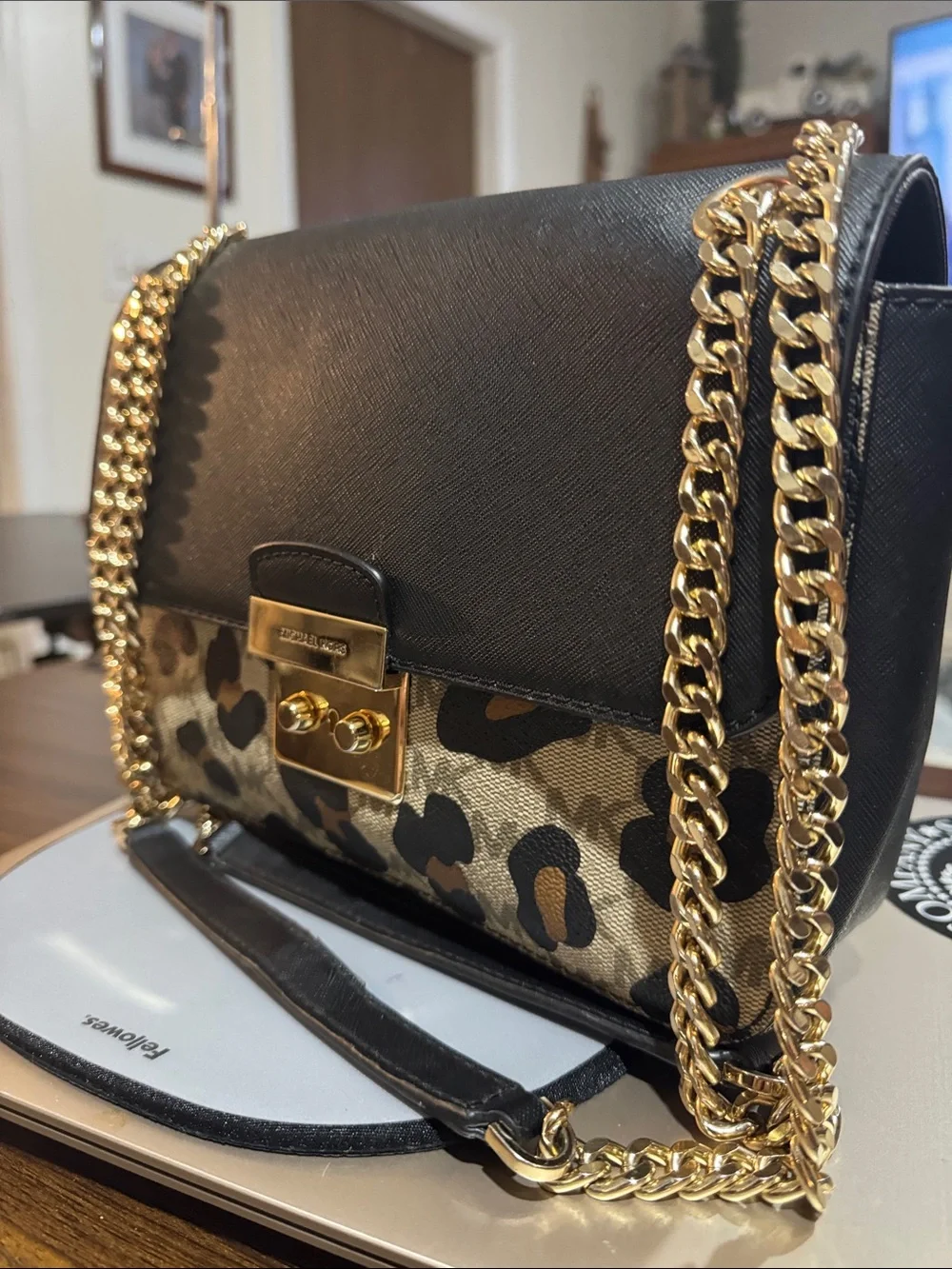 Michael Kors Black Leather & Leopard-Print Chain Crossbody